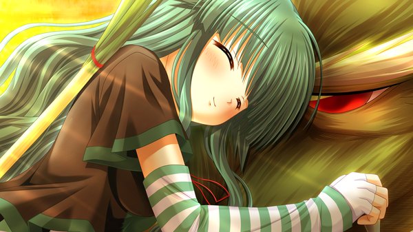 Anime picture 1280x720 with tomodachi ijou koibito miman studio mebius long hair wide image game cg eyes closed green hair girl