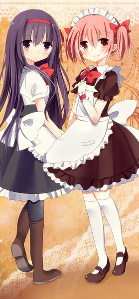 Anime picture 840x1804 with mahou shoujo madoka magica shaft (studio) akemi homura kaname madoka asanagi kurumi (panda-doufu) long hair tall image blush fringe short hair smile hair between eyes standing twintails purple eyes multiple girls pink hair purple hair full body pink eyes