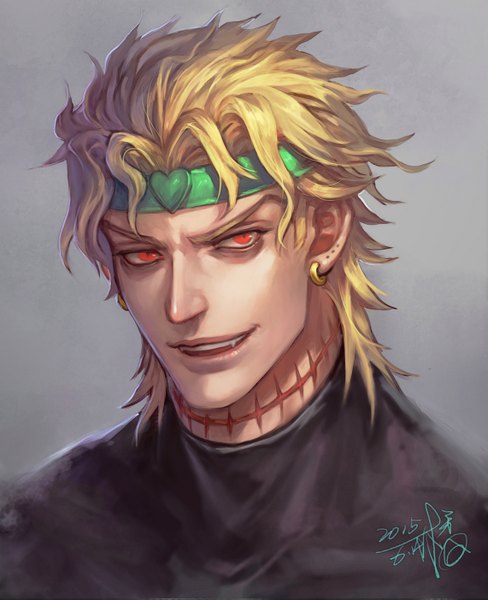 Anime picture 1142x1403 with jojo no kimyou na bouken dio brando fan ju single long hair tall image simple background blonde hair red eyes signed looking away parted lips grey background mole teeth fang (fangs) piercing dated portrait ear piercing