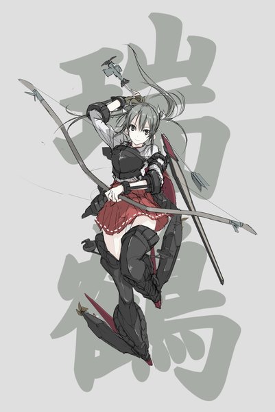 Anime picture 1339x2000 with kantai collection zuikaku aircraft carrier hamashin single long hair tall image looking at viewer twintails full body grey hair grey eyes sketch girl skirt weapon miniskirt armor thigh boots bow (weapon) arrow (arrows)