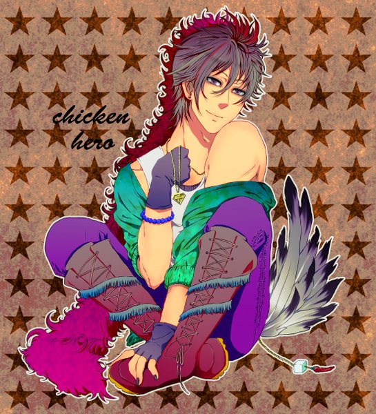Anime picture 1102x1214 with real life granrodeo kishow (granrodeo) sukichi single tall image purple eyes bare shoulders nail polish multicolored hair light smile lacing gloves boots bracelet fingerless gloves star (symbol) pendant feather (feathers)