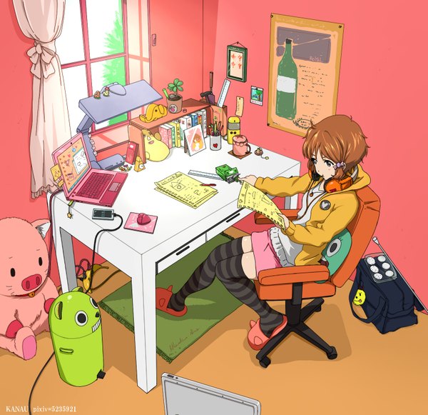 Anime picture 1553x1504 with tamako market kyoto animation makino kanna kanau single short hair brown hair sitting brown eyes eating reading girl thighhighs skirt hair ornament plant (plants) food shoes window heart