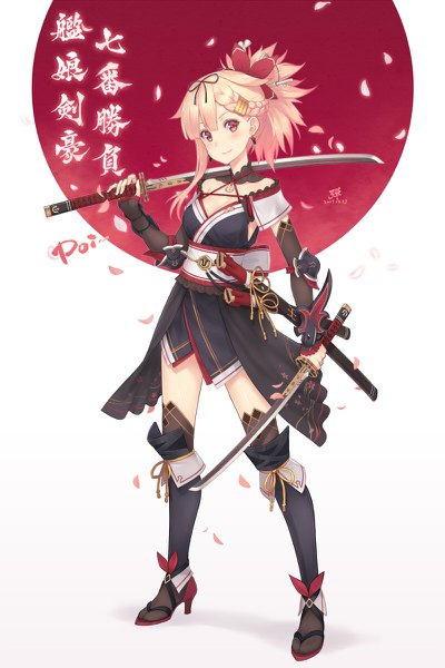 Anime picture 800x1200 with fate (series) kantai collection fate/grand order yuudachi destroyer miyamoto musashi (fate) dan (kumadan) single tall image looking at viewer blush fringe short hair blonde hair red eyes standing holding cleavage full body ponytail blunt bangs