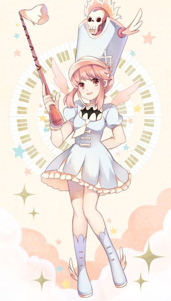 Anime picture 700x1225 with kill la kill studio trigger jakuzure nonon ichinose (sorario) single tall image short hair open mouth payot looking away pink hair pink eyes girl dress hat wings wrist cuffs knee boots staff blue dress