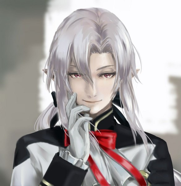Anime picture 998x1024 with owari no seraph wit studio ferid bathory kamo meian single long hair tall image smile red eyes silver hair pointy ears portrait vampire hand on cheek boy gloves bow white gloves