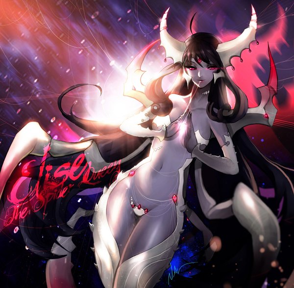 Anime picture 1500x1473 with league of legends elise (league of legends) nal (artist) single light erotic black hair smile looking away very long hair pink eyes horn (horns) light smile lips glowing glowing eye (eyes) grey skin mutation girl navel
