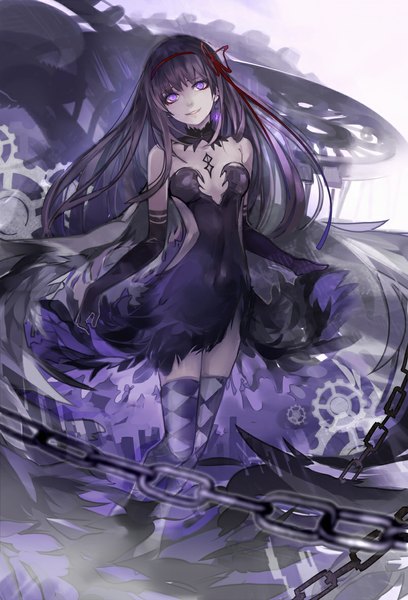 Anime picture 803x1181 with mahou shoujo madoka magica shaft (studio) akemi homura akuma homura esgip single long hair tall image looking at viewer black hair smile purple eyes black wings magical girl girl thighhighs dress gloves ribbon (ribbons) hair ribbon