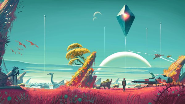 Anime picture 12362x7000 with no man's sky simon stalenhag single highres wide image absurdres sky scenic crescent rock incredibly absurdres condensation trail boy weapon plant (plants) animal tree (trees) bird (birds) moon grass