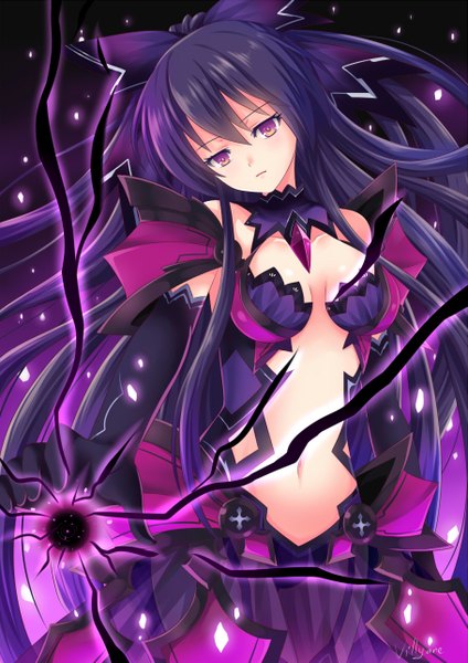 Anime picture 909x1285 with date a live yatogami tooka villyane single long hair tall image light erotic black hair purple eyes cleavage magic girl gloves navel bow hair bow elbow gloves