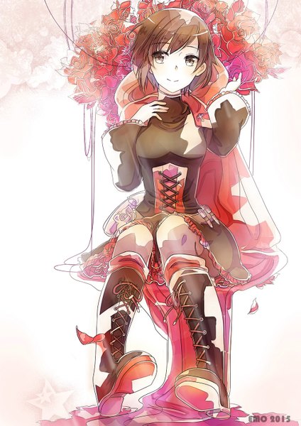 Anime picture 1000x1415 with rwby rooster teeth ruby rose ricemo emo (pixiv1444298) single tall image blush fringe short hair smile brown hair sitting signed looking away long sleeves black eyes wide sleeves dated asymmetrical hair