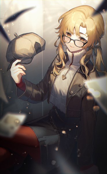 Anime picture 1555x2524 with reverse:1999 melania (reverse:1999) kino (m6t2a) single long hair tall image blonde hair smile yellow eyes looking away open jacket low ponytail hat removed headwear removed girl glasses jacket turtleneck