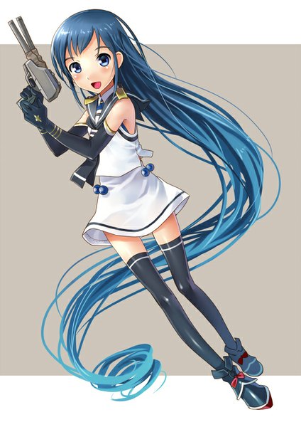 Anime picture 566x800 with kantai collection samidare destroyer katahira masashi single tall image looking at viewer blush open mouth blue eyes simple background blue hair very long hair girl thighhighs skirt gloves weapon black thighhighs black gloves elbow gloves