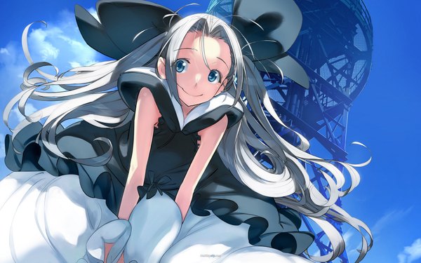 Anime picture 1920x1200 with robotics;notes production i.g airi (robotics;notes) fukuda tomonori single long hair looking at viewer highres blue eyes blonde hair wide image sky silver hair light smile two side up girl dress tower