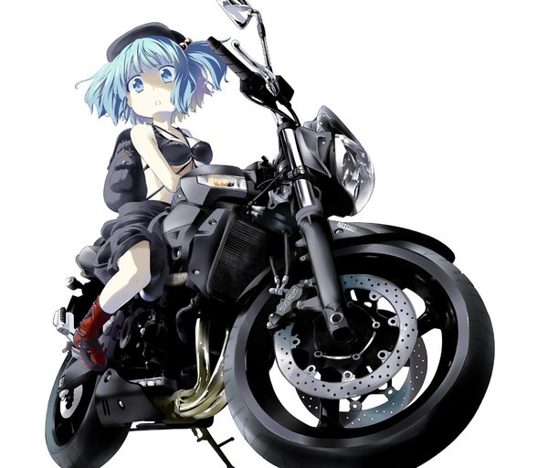 Anime picture 1170x1000 with touhou kawashiro nitori mikage baku (artist) blue eyes white background twintails blue hair girl skirt hat bag bikini top motorcycle