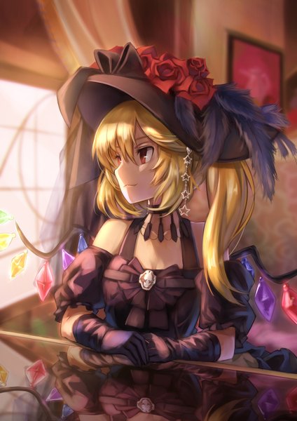 Anime picture 1000x1414 with touhou flandre scarlet kamiljm single tall image short hair blonde hair red eyes looking away side ponytail girl dress gloves flower (flowers) hat wings black gloves rose (roses) crystal