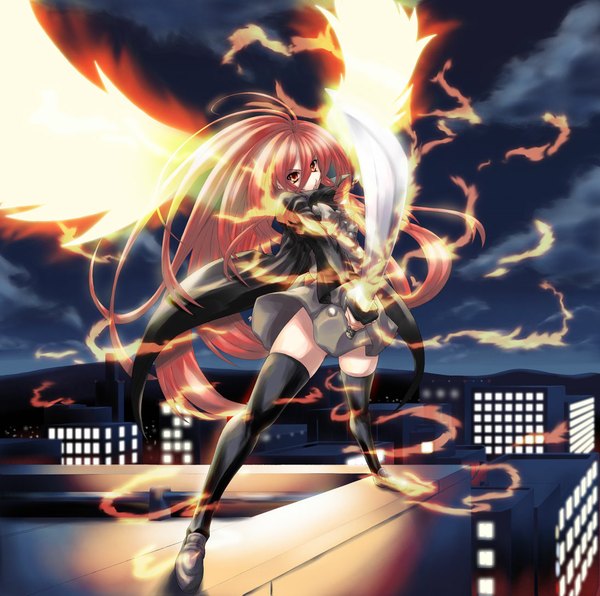 Anime picture 1095x1088 with shakugan no shana j.c. staff shana teku (2nd escape) single looking at viewer red eyes red hair very long hair girl thighhighs weapon black thighhighs sword katana flame