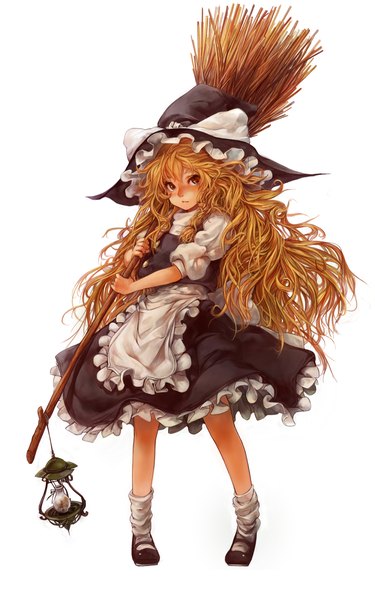 Anime picture 1000x1600 with touhou kirisame marisa sachito (artist) single long hair tall image looking at viewer simple background blonde hair white background brown eyes full body witch girl skirt socks white socks apron witch hat skirt set