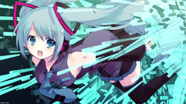 Anime picture 1280x720 with vocaloid hatsune miku yaki mayu single long hair open mouth wide image twintails aqua eyes aqua hair girl thighhighs black thighhighs detached sleeves
