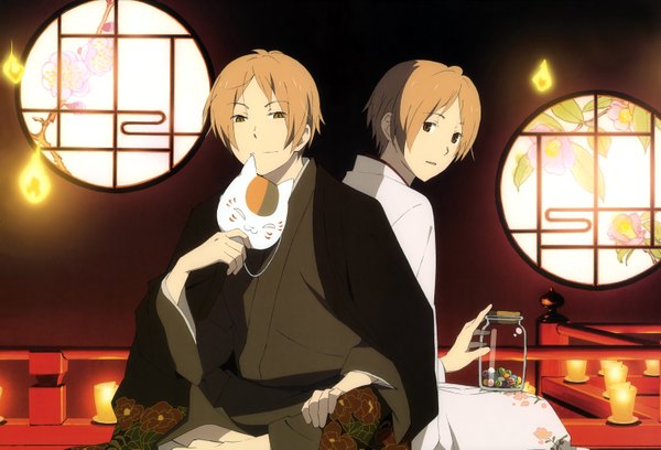Anime picture 6012x4090 with natsume yuujinchou brains base (studio) natsume takashi madara (nyanko-sensei) rideonmusic highres short hair brown hair brown eyes absurdres traditional clothes light smile back to back personification boy mask branch bottle fire candle (candles)
