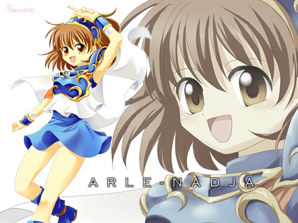 Anime picture 1024x768 with puyopuyo arle nadja sweetsprite (artist) single short hair open mouth smile brown hair yellow eyes pantyshot legs girl shoes