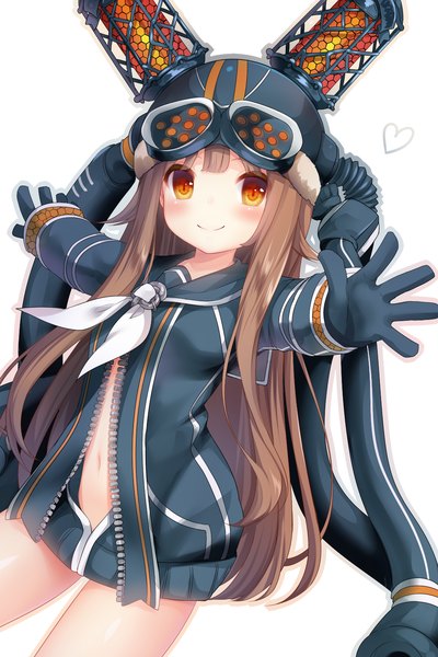 Anime picture 1000x1500 with last period iona (last period) nachi single long hair tall image blush fringe light erotic simple background smile brown hair white background looking away long sleeves arm up open jacket orange eyes spread arms goggles on head