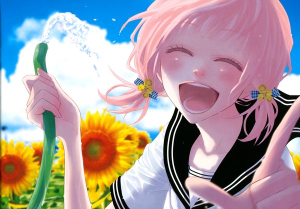 Anime picture 3439x2396 with vocaloid just be friends (vocaloid) megurine luka single blush highres open mouth twintails pink hair absurdres sky cloud (clouds) eyes closed low twintails happy girl uniform school uniform water serafuku