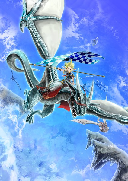 Anime picture 1500x2120 with original seigetsu kotaku single tall image short hair open mouth blonde hair smile holding looking away sky pointy ears teeth orange eyes solo focus flying fantasy sharp teeth riding boy