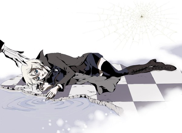 Anime picture 1300x947 with kuroshitsuji a-1 pictures alois trancy claude faustus matsukuro (artist) short hair blonde hair white background lying checkered floor thighhighs boy gloves bow black thighhighs water shorts knee boots spider web spider