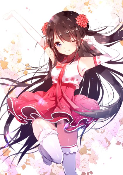 Anime picture 700x1000 with original sorolp single long hair tall image blush blue eyes black hair smile bent knee (knees) eyes closed one eye closed hair flower wink sunlight armpit (armpits) outstretched arm happy clenched teeth girl
