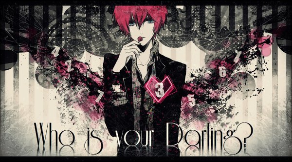 Anime picture 1347x747 with prince of tennis marui bunta ibuki (artist) single short hair blue eyes wide image pink hair red hair inscription tears monochrome letterboxed striped open collar striped background boy shirt necktie suit