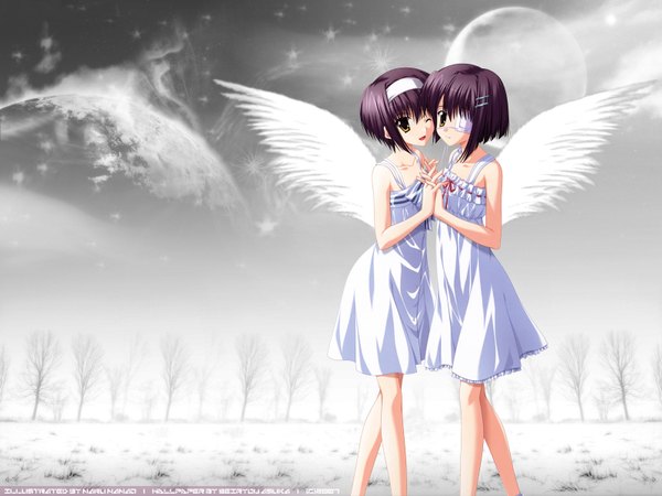 Anime picture 1600x1200 with ef shaft (studio) shindou kei shindou chihiro nanao naru asukaseiryou short hair standing bare shoulders multiple girls signed yellow eyes purple hair outdoors one eye closed holding hands third-party edit white wings interlocked fingers bare tree