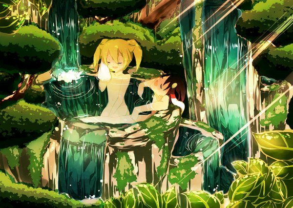 Anime picture 1300x923 with inazuma eleven inazuma eleven go tagme (character) tagme (artist) short hair open mouth light erotic sitting twintails eyes closed couple short twintails waterfall plant (plants) tree (trees) water leaf (leaves) sun onsen bath