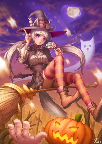 Anime picture 636x900 with original seungpil choi single tall image fringe open mouth light erotic twintails purple eyes signed animal ears cloud (clouds) tail animal tail pleated skirt grey hair pantyshot thighs low twintails symbol-shaped pupils