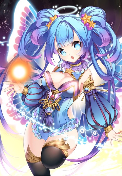 Anime picture 1000x1441 with original roh nam kyung single long hair tall image looking at viewer fringe breasts light erotic sky very long hair aqua eyes insect wings butterfly wings girl thighhighs hair ornament wings star (symbol) star (stars)