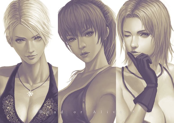 Anime picture 1280x905 with dead or alive dead or alive 5 tina armstrong christie momiji (ninja gaiden) hayate (leaf98k) long hair looking at viewer short hair breasts light erotic black hair simple background white background multiple girls silver hair ponytail one eye closed lips wink