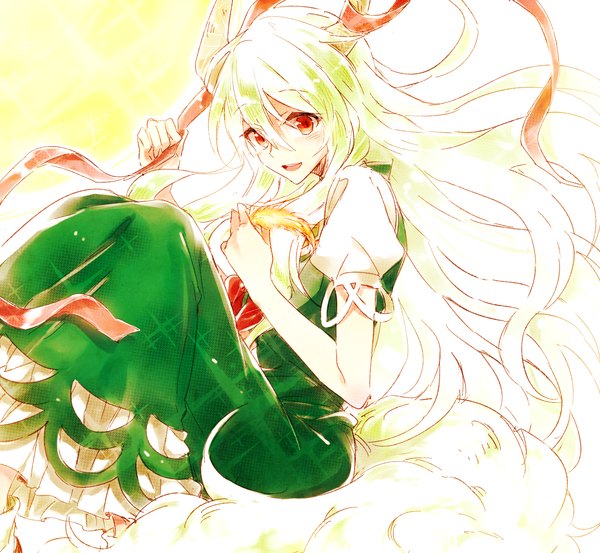 Anime picture 1300x1200 with touhou kamishirasawa keine ex-keine six (fnrptal1010) single looking at viewer blush open mouth red eyes tail very long hair animal tail horn (horns) green hair girl dress ribbon (ribbons) feather (feathers)