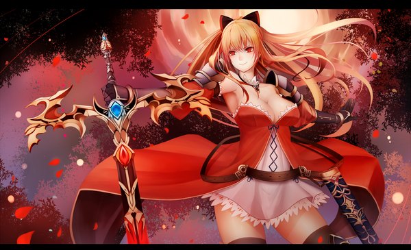 Anime picture 1968x1200 with granblue fantasy snm (sunimi) single long hair looking at viewer highres breasts light erotic blonde hair smile red eyes wide image girl thighhighs dress gloves bow weapon black thighhighs hair bow