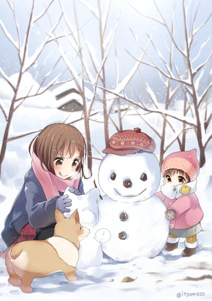 Anime picture 2480x3508 with original rougetsu long hair tall image highres brown hair multiple girls brown eyes signed full body twitter username snowing winter snow squat exhalation :q bare tree ! welsh corgi