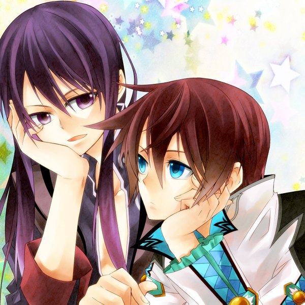 Anime picture 1575x1575 with tales of (series) tales of vesperia tales of graces yuri lowell asbel lhant tagme (artist) long hair short hair open mouth blue eyes brown hair purple eyes purple hair multiple boys boy star (symbol) 2 boys suit
