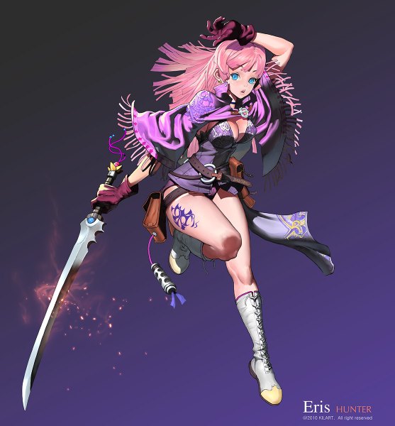 Anime picture 1113x1200 with original kilart (artist) single long hair tall image looking at viewer breasts open mouth blue eyes pink hair cleavage tattoo gradient background leg lift (legs lift) running girl gloves weapon earrings sword