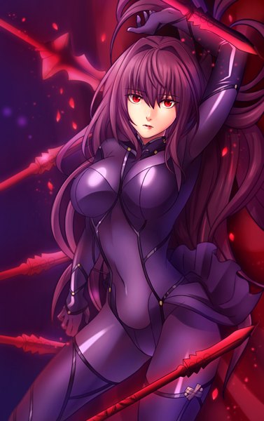 Anime picture 2200x3500 with fate (series) fate/grand order type-moon scathach (fate) (all) scathach (fate) shimo (s kaminaka) single long hair tall image looking at viewer highres breasts light erotic red eyes purple hair girl weapon bodysuit spear