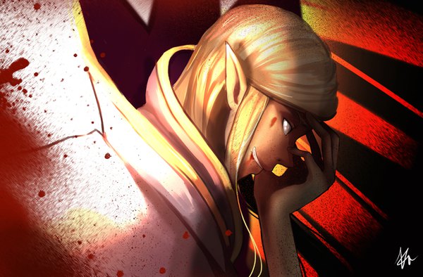Anime picture 2755x1811 with dota 2 (game) invoker (dota 2) kirani single long hair highres blonde hair smile signed looking away profile looking back light smile turning head glowing elf hand on head glow hand on face clenched teeth