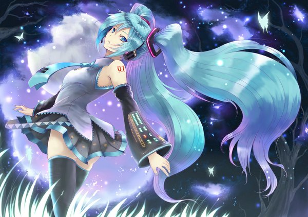 Anime picture 1000x704 with vocaloid hatsune miku sts single twintails bare shoulders very long hair looking back aqua eyes aqua hair zettai ryouiki girl thighhighs skirt hair ornament black thighhighs detached sleeves miniskirt necktie headphones