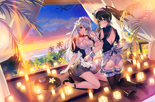 Anime picture 1200x790 with kantai collection shoukaku aircraft carrier zuikaku aircraft carrier tousaki umiko long hair blush blue eyes light erotic black hair twintails multiple girls brown eyes ass white hair maid evening sunset girl thighhighs uniform