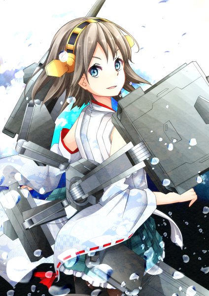 Anime picture 1240x1754 with kantai collection hiei battleship aps (alice-momizi) single tall image looking at viewer short hair blue eyes black hair underwater nontraditional miko girl hair ornament weapon detached sleeves bubble (bubbles)