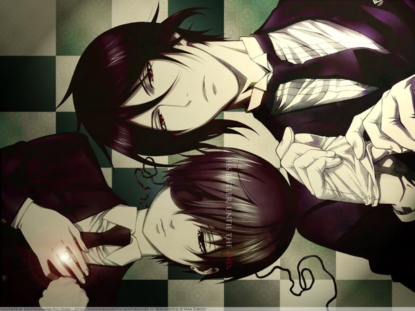 Anime picture 1600x1200 with kuroshitsuji a-1 pictures sebastian michaelis ciel phantomhive looking at viewer short hair blue eyes black hair red eyes inscription multiple boys checkered background butler adjusting gloves boy gloves necktie 2 boys ring eyepatch