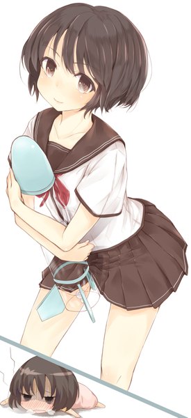 Anime picture 824x1799 with denpa onna to seishun otoko shaft (studio) maekawa kojiki-life single tall image looking at viewer blush short hair black hair simple background smile white background black eyes girl uniform serafuku bottle rocket