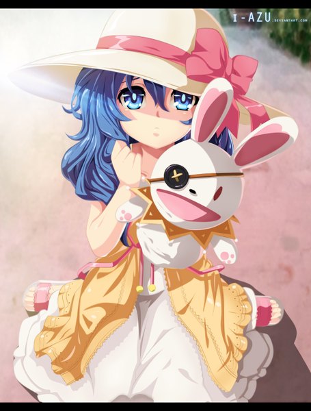 Anime picture 1100x1450 with date a live yoshino (date a live) yoshinon i-azu single long hair tall image blue eyes blue hair loli coloring letterboxed girl dress bow hat hand puppet
