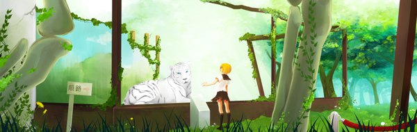 Anime picture 1754x556 with ahira yuzu single highres short hair blonde hair wide image from behind girl plant (plants) animal tree (trees) serafuku tiger