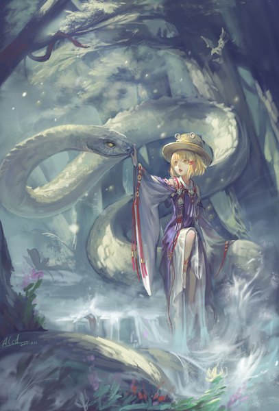 Anime picture 1060x1560 with touhou moriya suwako mishaguji alcd tall image short hair blonde hair yellow eyes girl flower (flowers) plant (plants) hat detached sleeves tree (trees) water snake